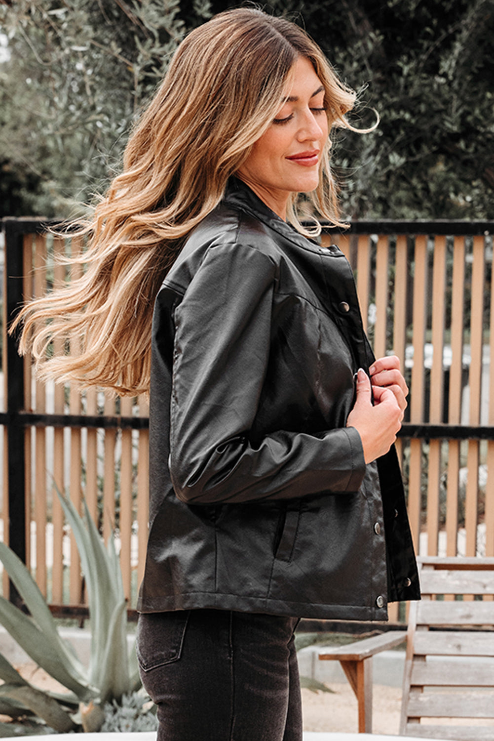 Black Faux Leather Buttoned Front Boxy Jacket Dear-Lover Dropshipping