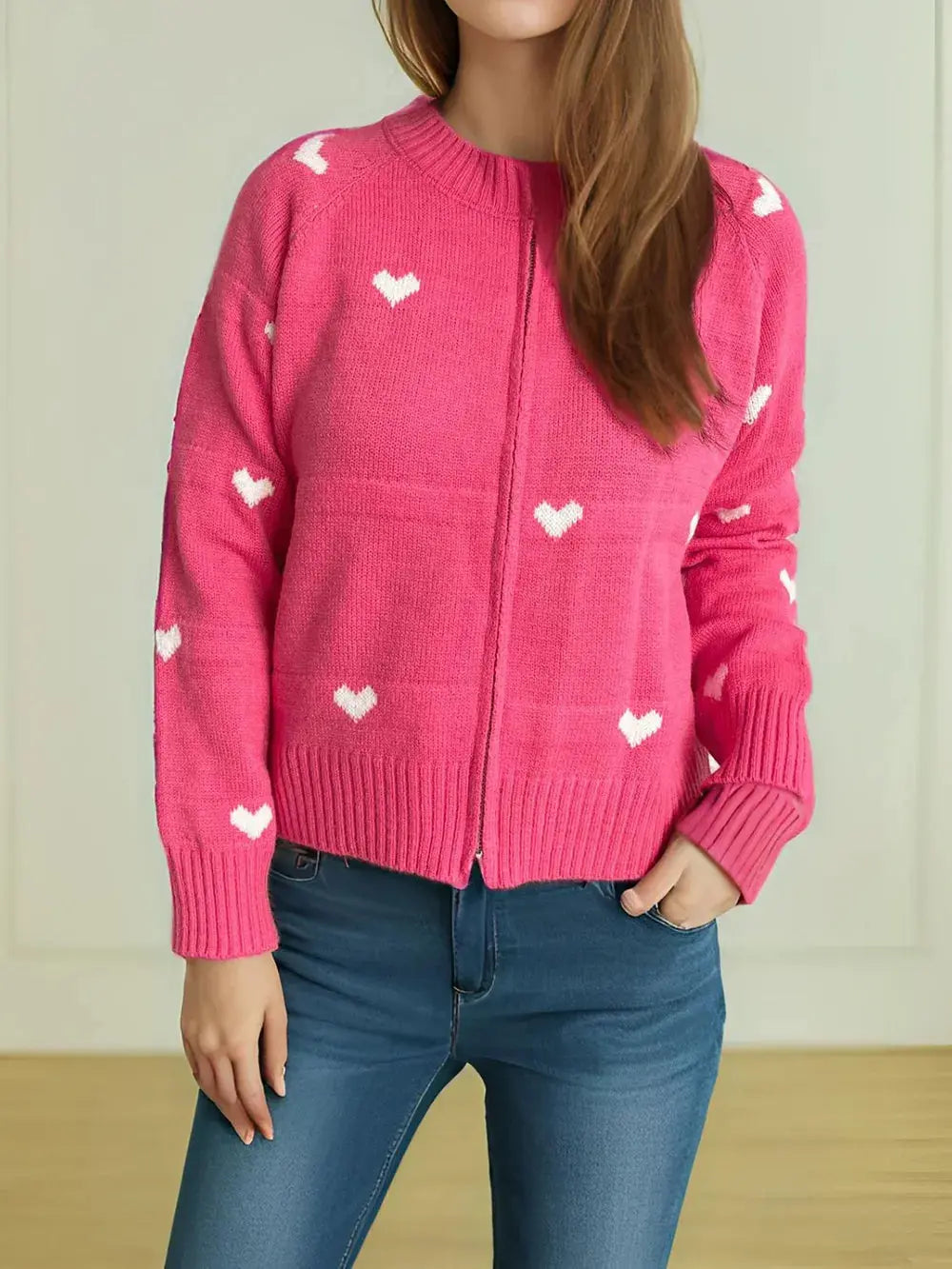 Heart Round Neck Zip Up Cardigan.