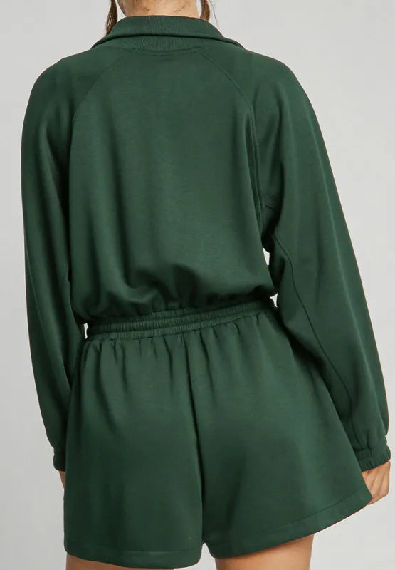 Drawstring Half Zip Long Sleeve Romper.