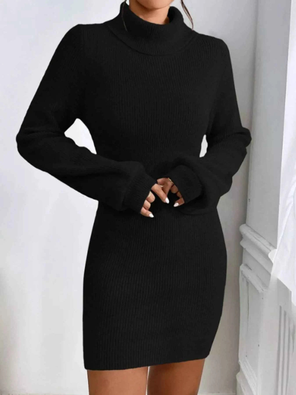 Turtleneck Ribbed Knit Sweater Dress