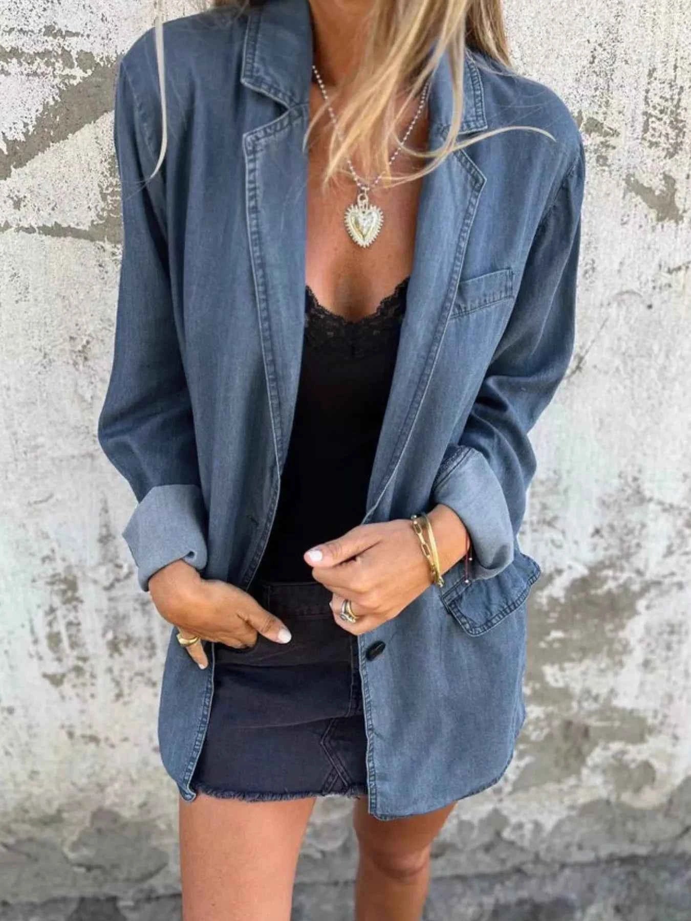 Full Size Button Down Denim Blazer Plus Size