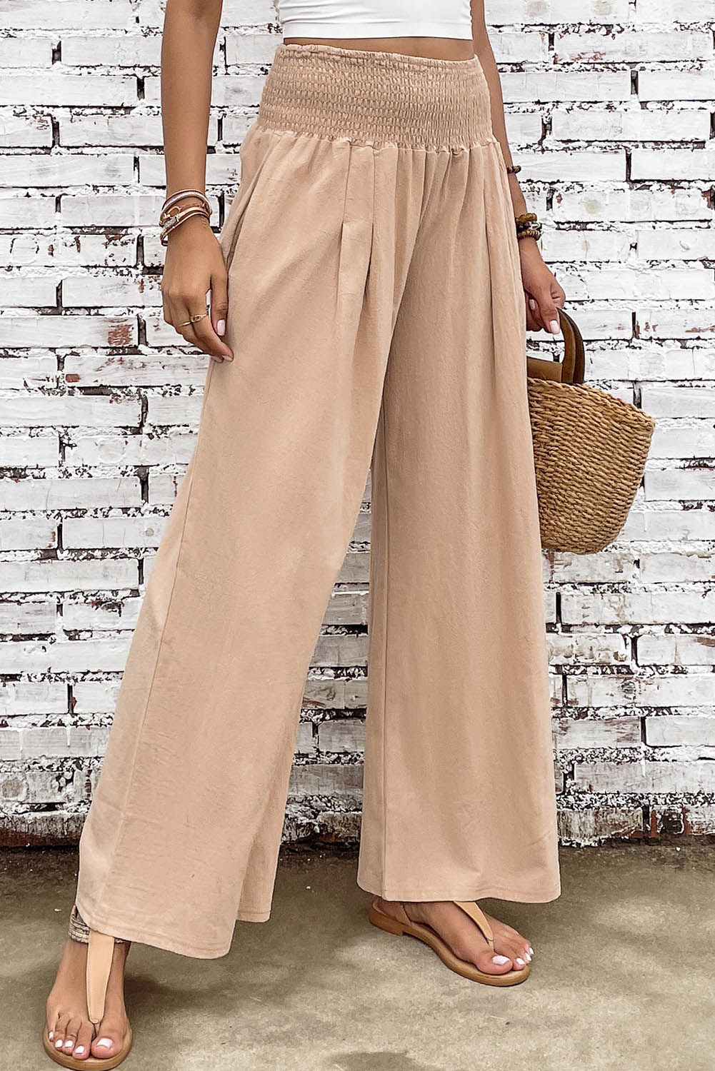 Khaki Smocked Wide Waistband High Waist Wide Leg Pants Dear-Lover Dropshipping