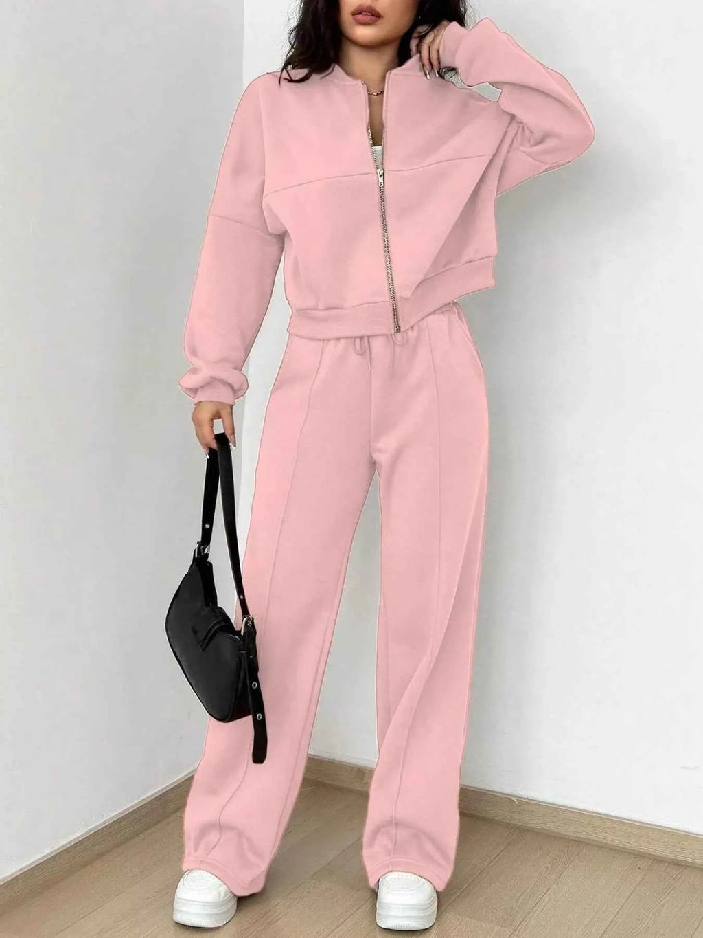 Casual Solid Color Zipper Jacket and Wide Leg Pants Set