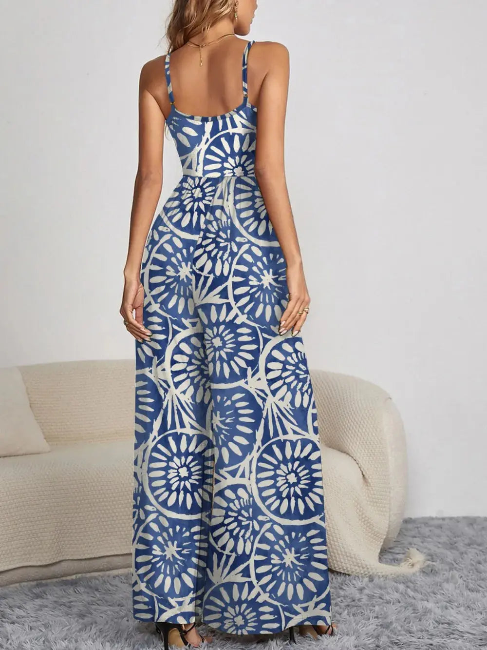 FAM-FAM Decorative Button Spaghetti Strap Wide Leg Jumpsuit.