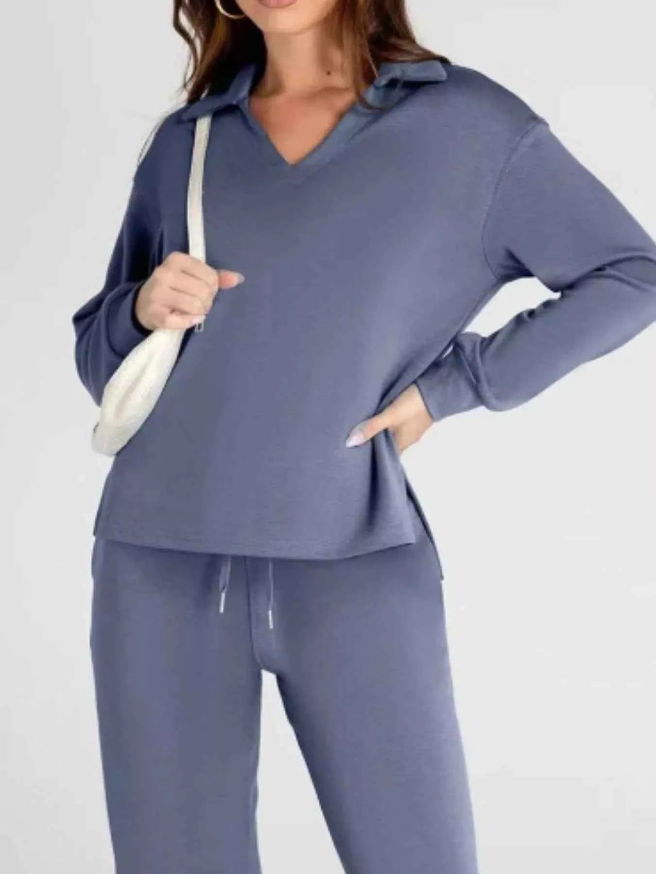 Full Size Johnny Collar Long Sleeve Top and Pants Plus Size