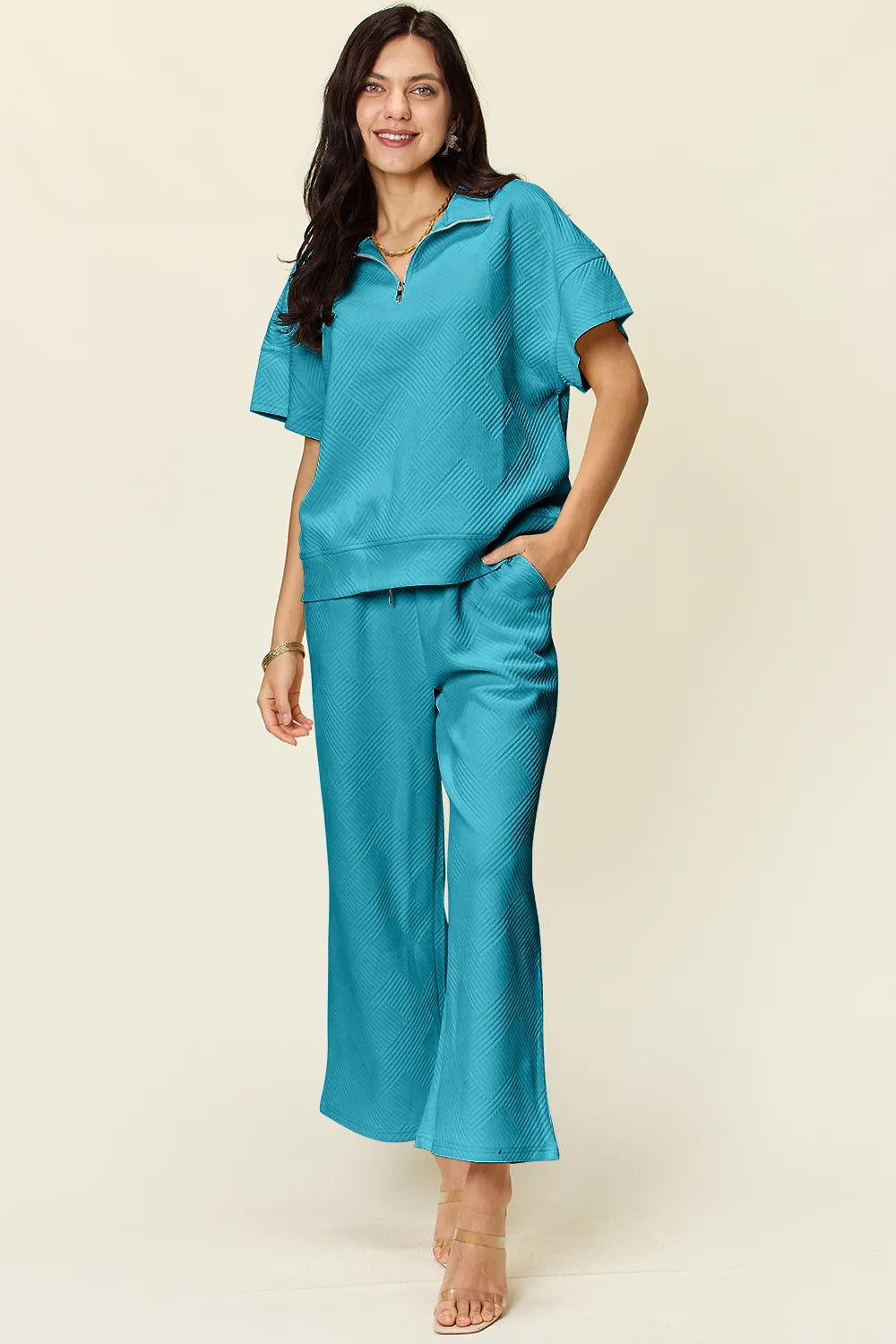 Double Take Full Size Texture Half Zip Short Sleeve Top and Pants Set - CHIC TB