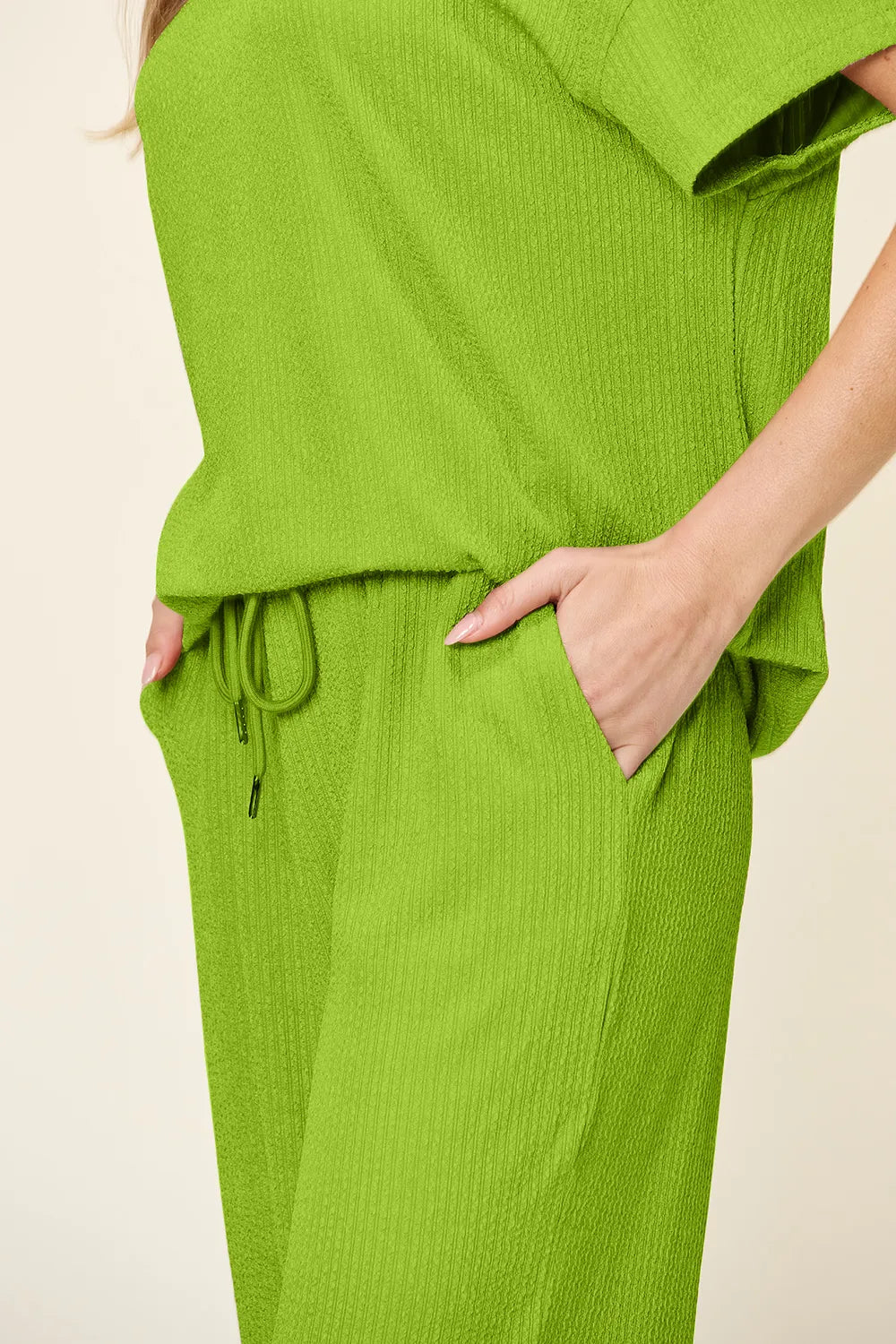 Double Take Full Size Texture Round Neck Short Sleeve T-Shirt and Wide Leg Pants - CHIC TB