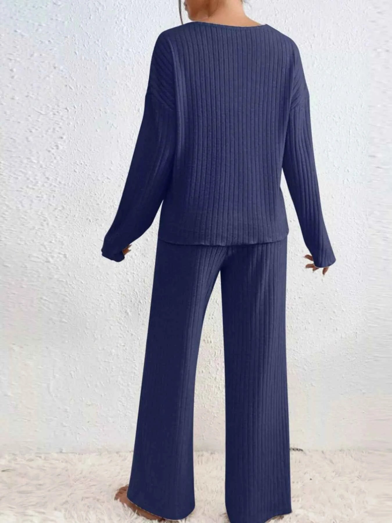 Ribbed V-Neck Top and Pants Set