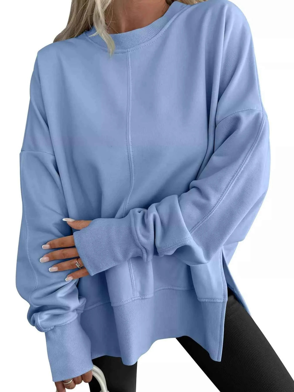 Side Slit Round Neck Long Sleeve Sweatshirt