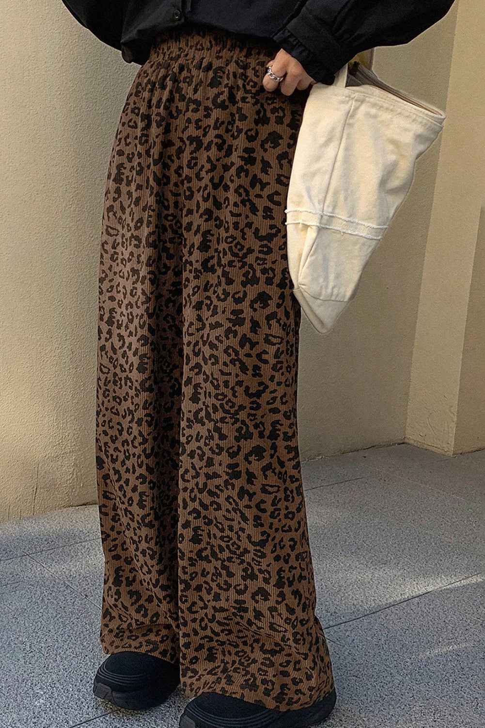 Dark Brown Leopard Print Elastic High Waist Loose Corduroy Pants