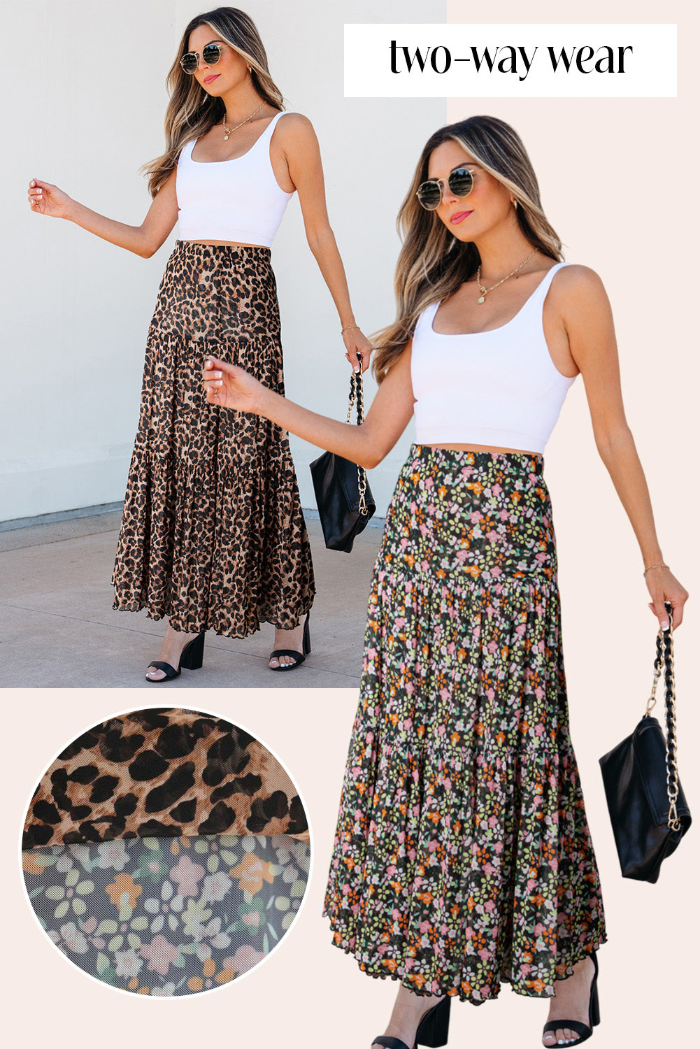 Brown Leopard Floral Reversible Ruffle Hem Maxi Skirt Dear-Lover Dropshipping