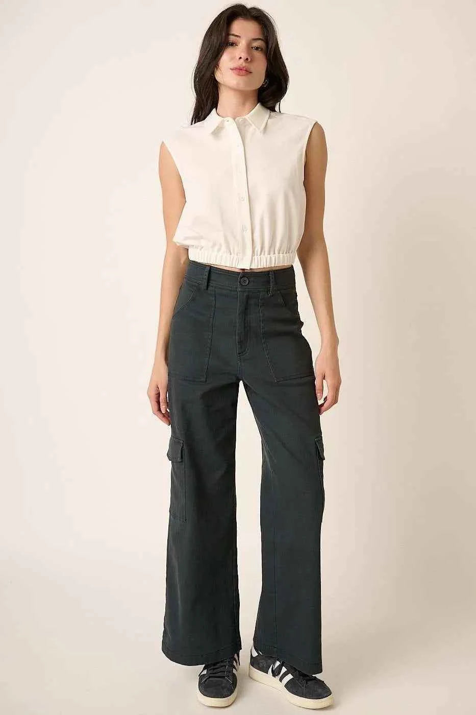 Mittoshop Wide Leg High Waist Pants with Cargo Pockets