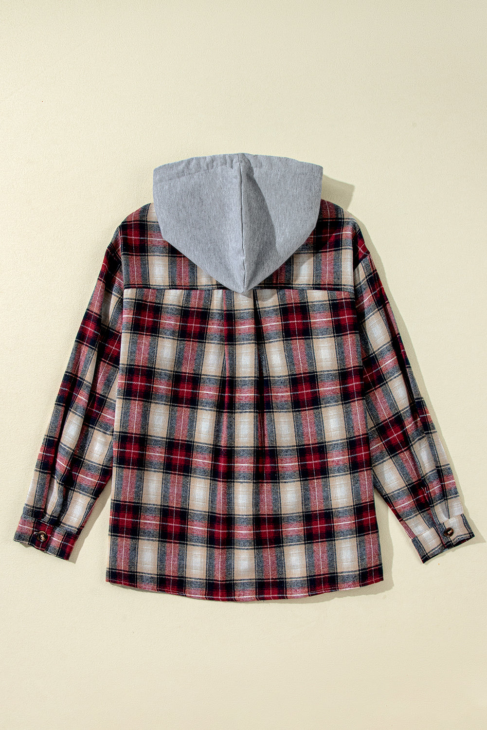 Red Plaid Print Chest Pocket Buttoned Hooded Shacket Dear-Lover Dropshipping