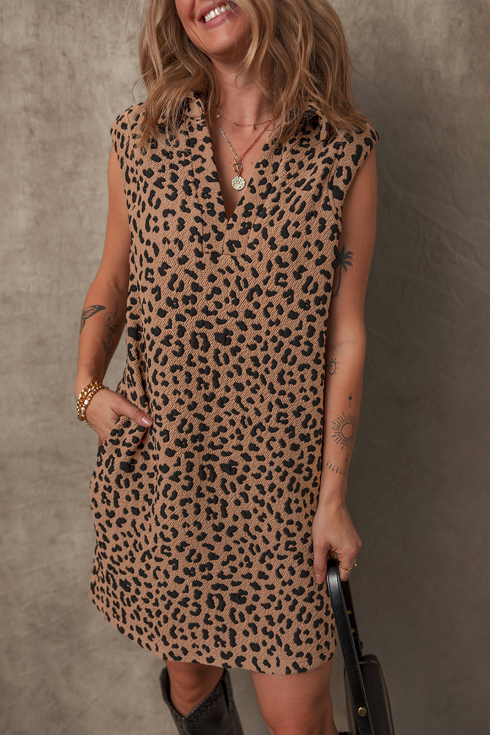 Khaki Leopard Print V Neck Sleeveless Collared Mini Dress Dear-Lover Dropshipping