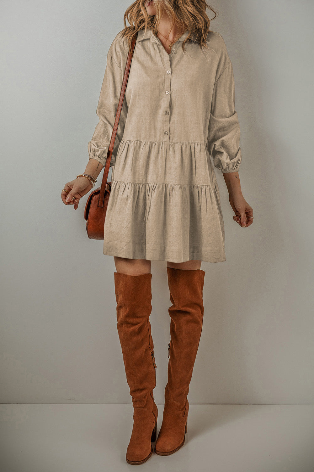 Tan Puff Sleeve Buttoned Tiered Pleated Shirt Mini Dress Dear-Lover Dropshipping