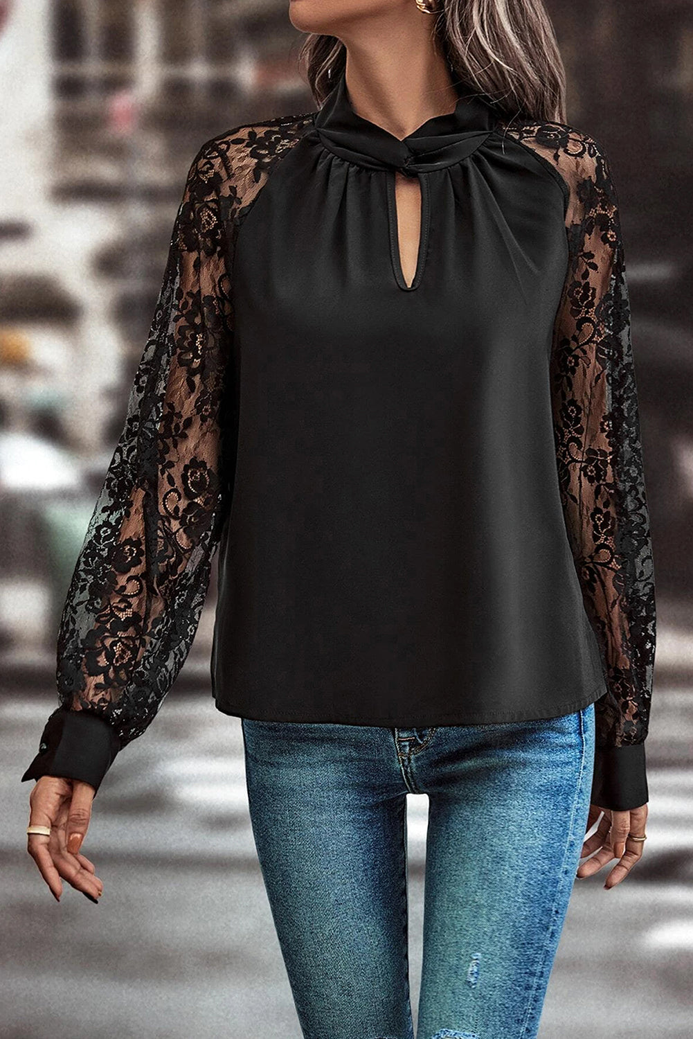 Black Keyhole Neckline Floral Lace Raglan Sleeve Blouse Dear-Lover Dropshipping