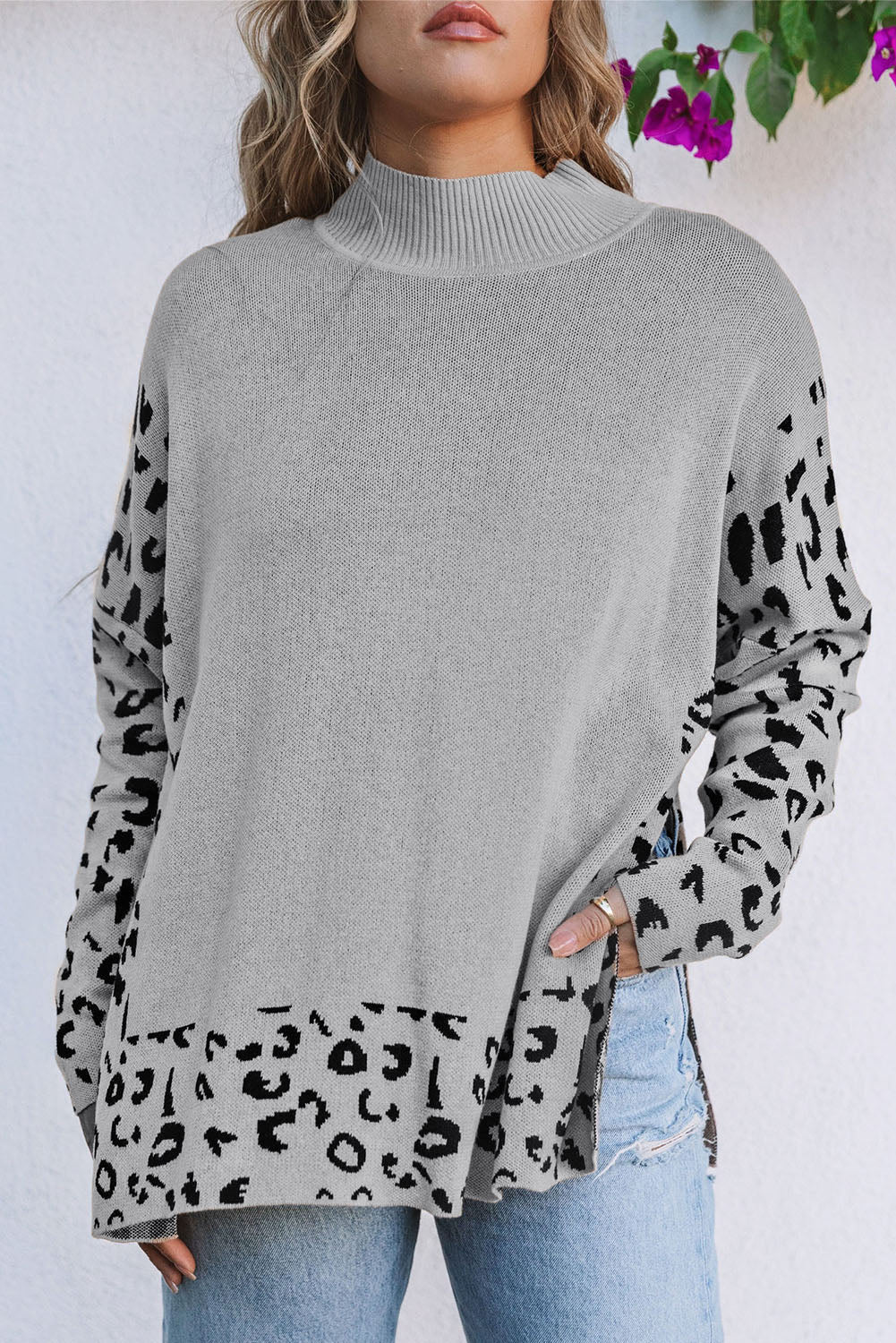 Gray Leopard High Neck Side Slit Oversized Sweater Dear-Lover Dropshipping