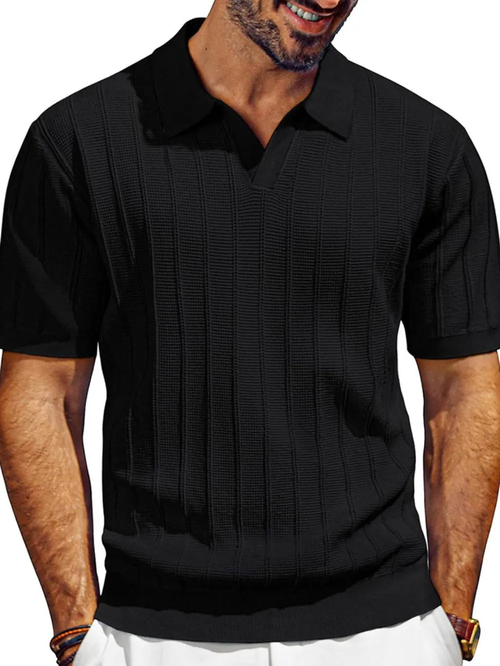 Men's Full Size Textured Collared Neck Short Sleeve Polo Plus Size.