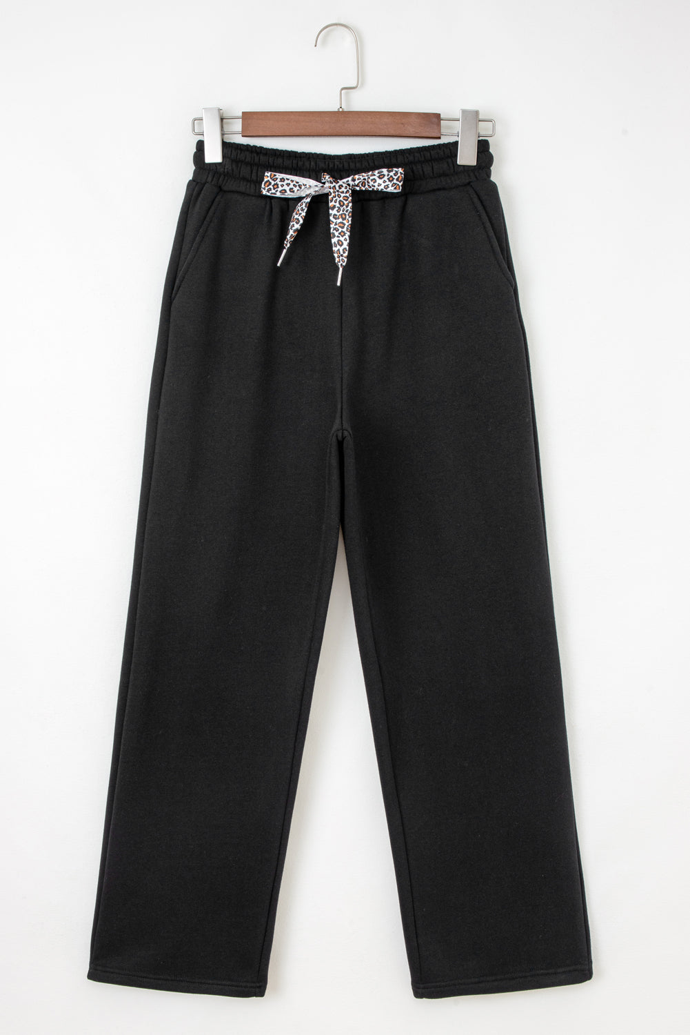 Black Fleece Lined Leopard Drawstring Elastic Waist Solid Pants Dear-Lover Dropshipping