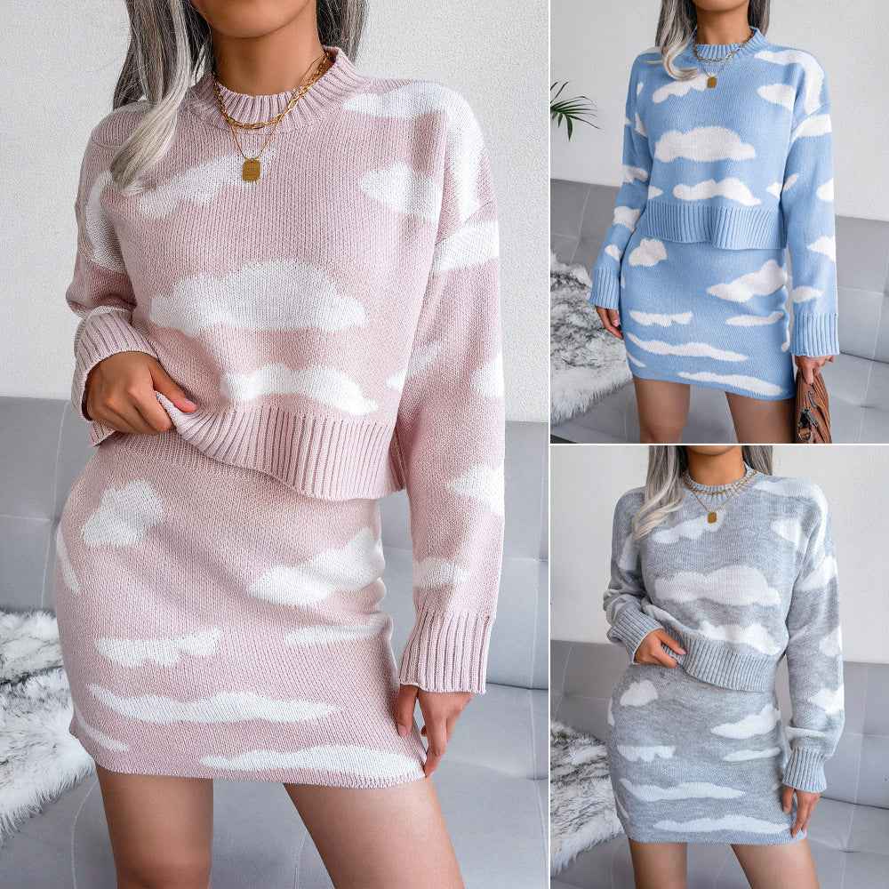 Two pieces of white cloud knitted sweater hip hugging skirt