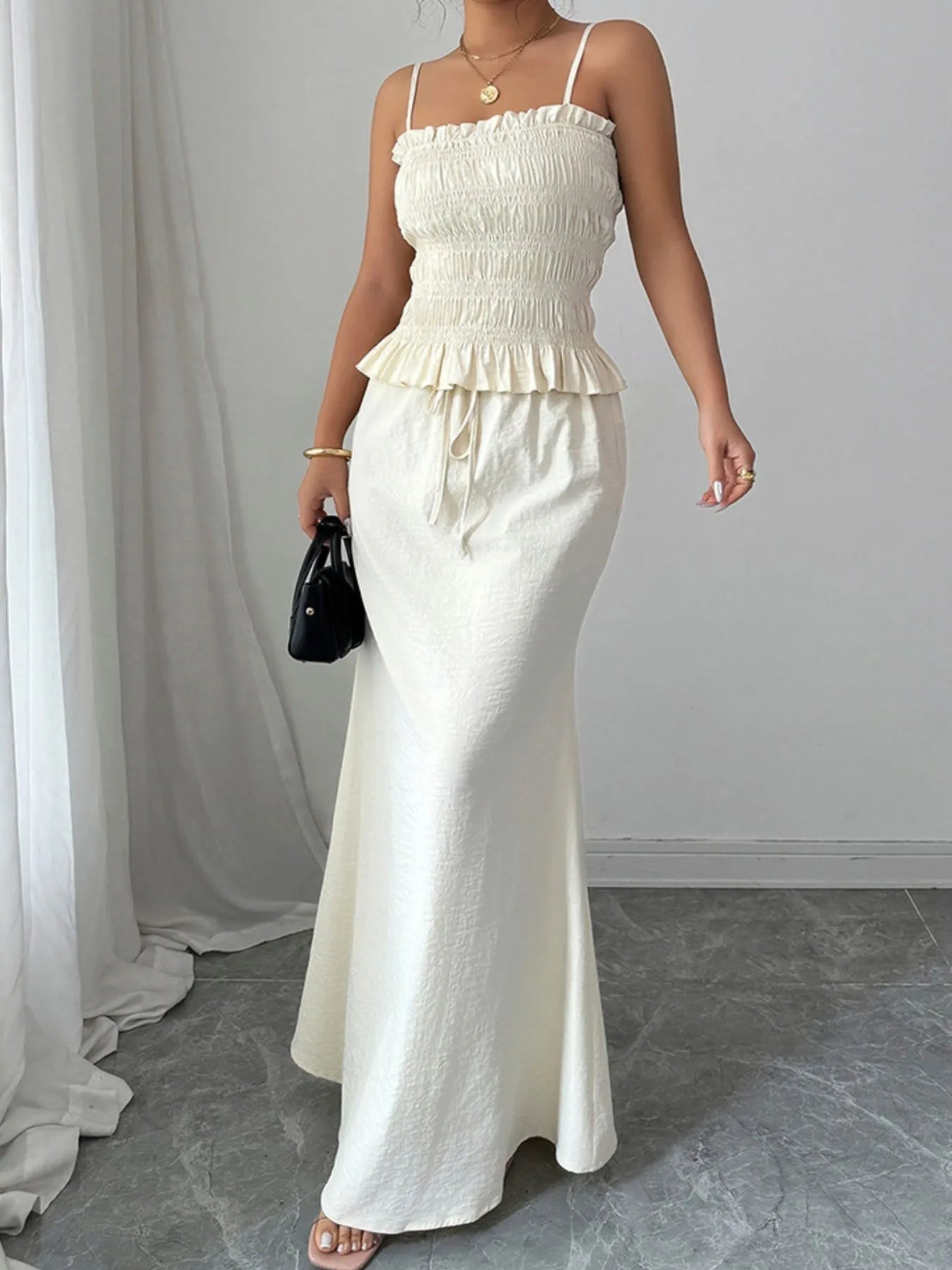 Smocked Ruffled Hem Cami and Maxi Skirt Set.