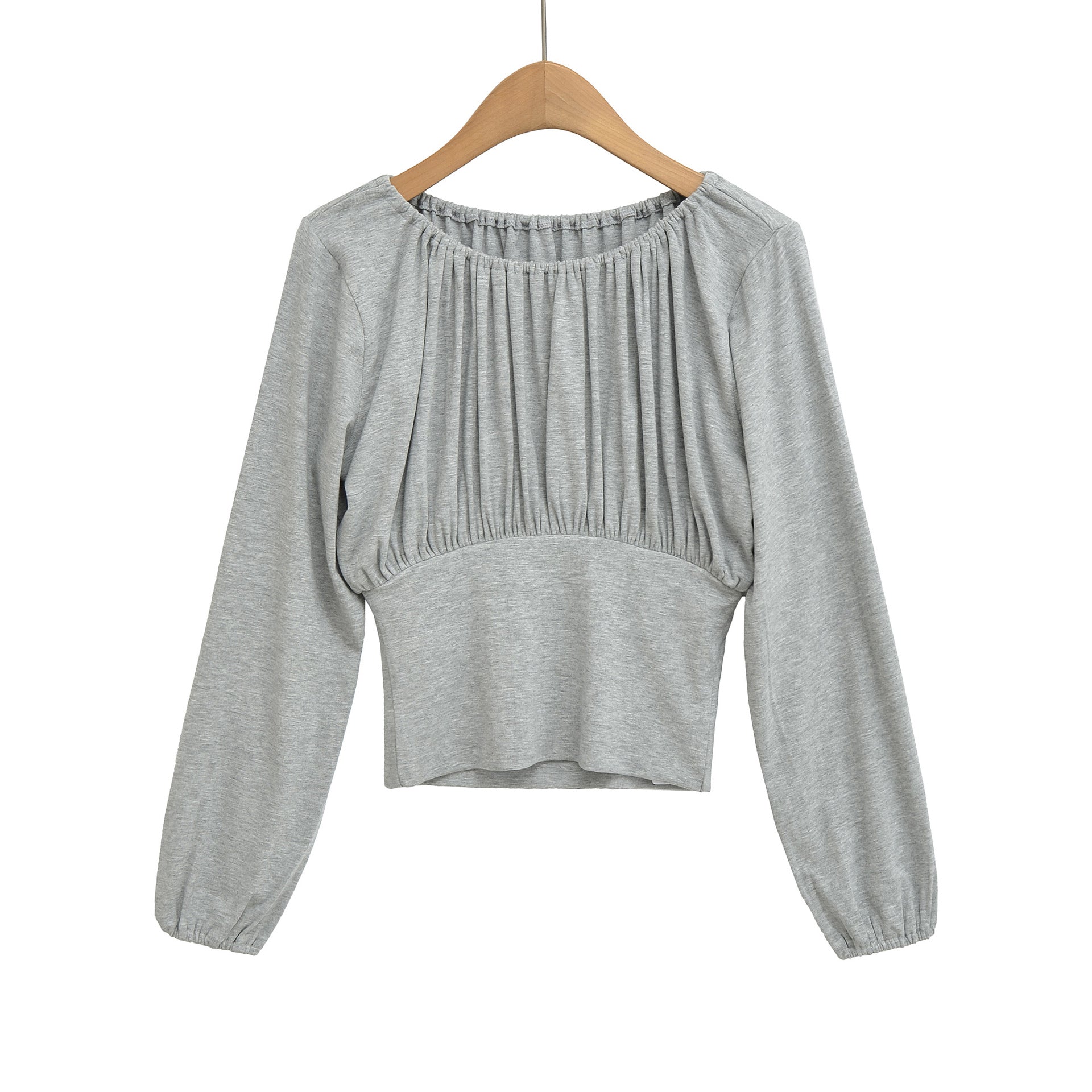 Slim fit pleated waist cinching long sleeved pullover T-shirt