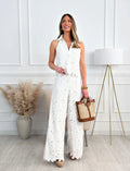 Summer Embroidered Hollow-out V-neck Top + Wide-leg Straight Long Pants Set