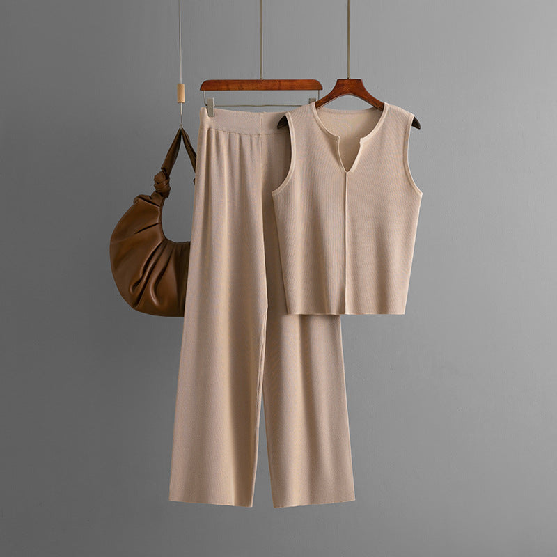 Sleeveless Knit Top Set Wide Leg Pants Two-Piece Set for Women