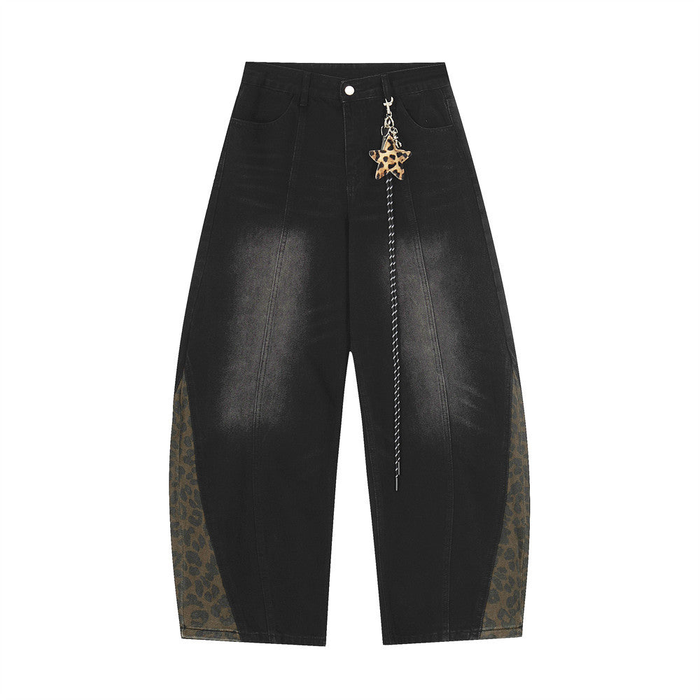 Leopard print patchwork washed curved knife jeans