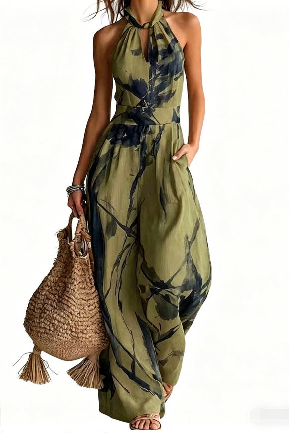 New halter backless jumpsuit, blue and white tie-dye wide-leg pants, summer beach women's wear eprolo