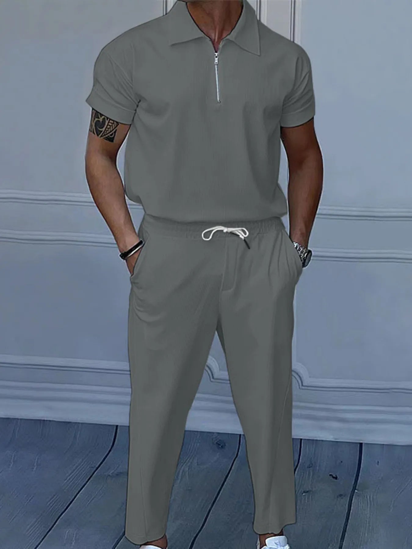 Quarter Zip Short Sleeve Polo and Pants Set Plus Size.