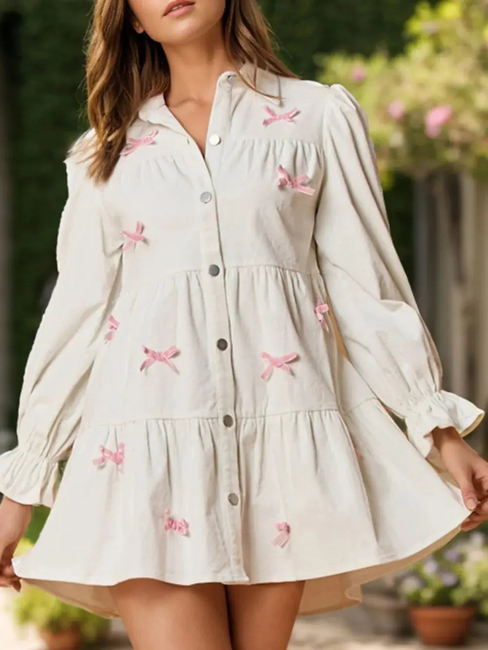 Collared Neck Flounce Sleeve Mini Dress.