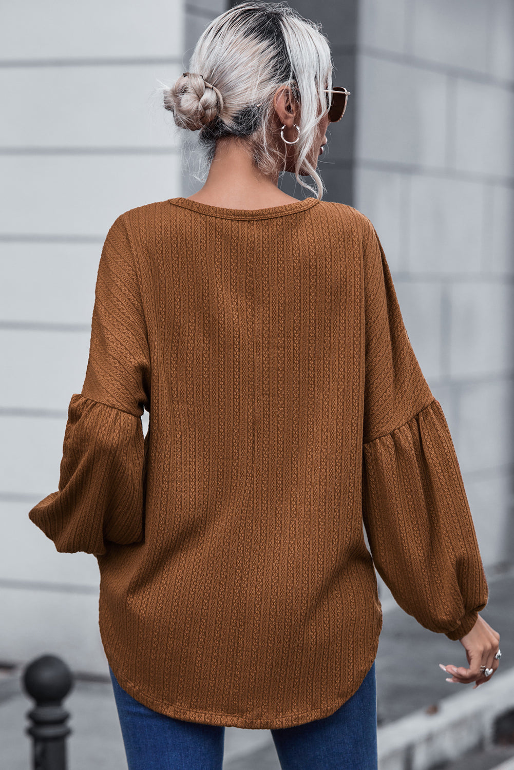 Faux Knit Jacquard Puffy Long Sleeve Top Dear-Lover Dropshipping