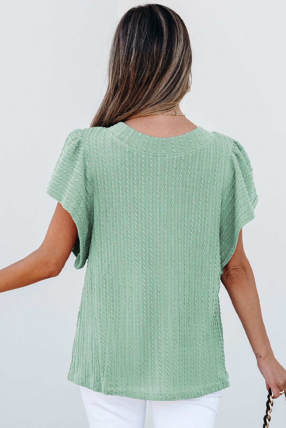 Moonlight Jade Solid Color Textured Flutter Sleeve Top Dear-Lover Dropshipping