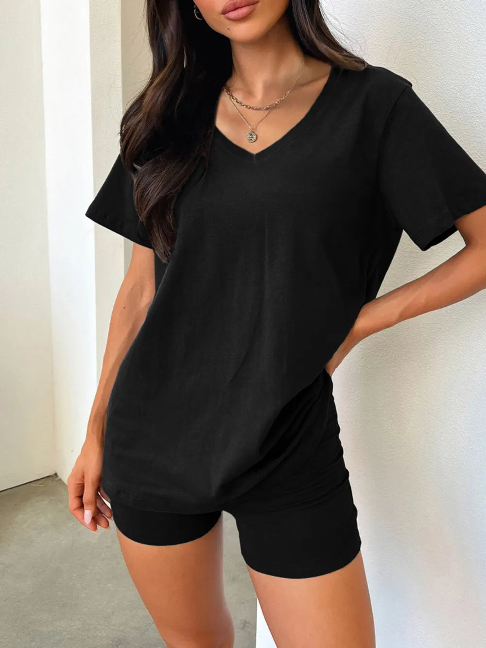 V-Neck T-Shirt and Shorts Set.