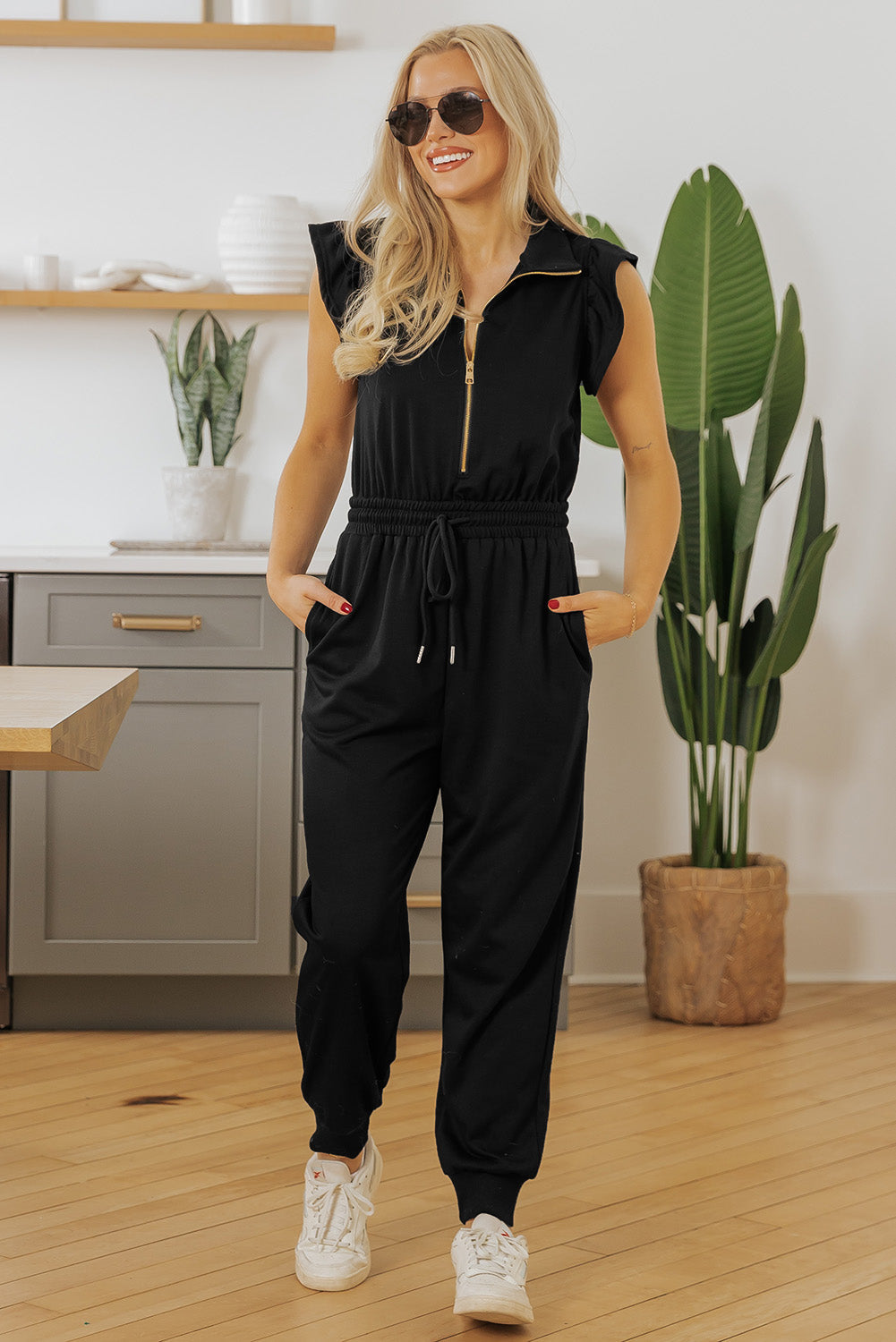 Black Zipper Flutter Sleeve Drawstring Elastic Waistband Jumpsuit Dear-Lover Dropshipping