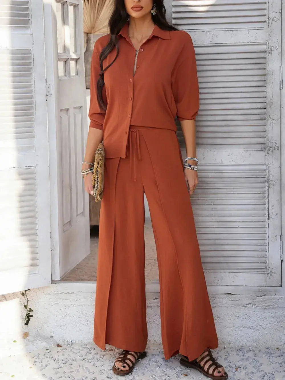 Long Sleeve Top and Wide Leg Pants Set WOMEN.