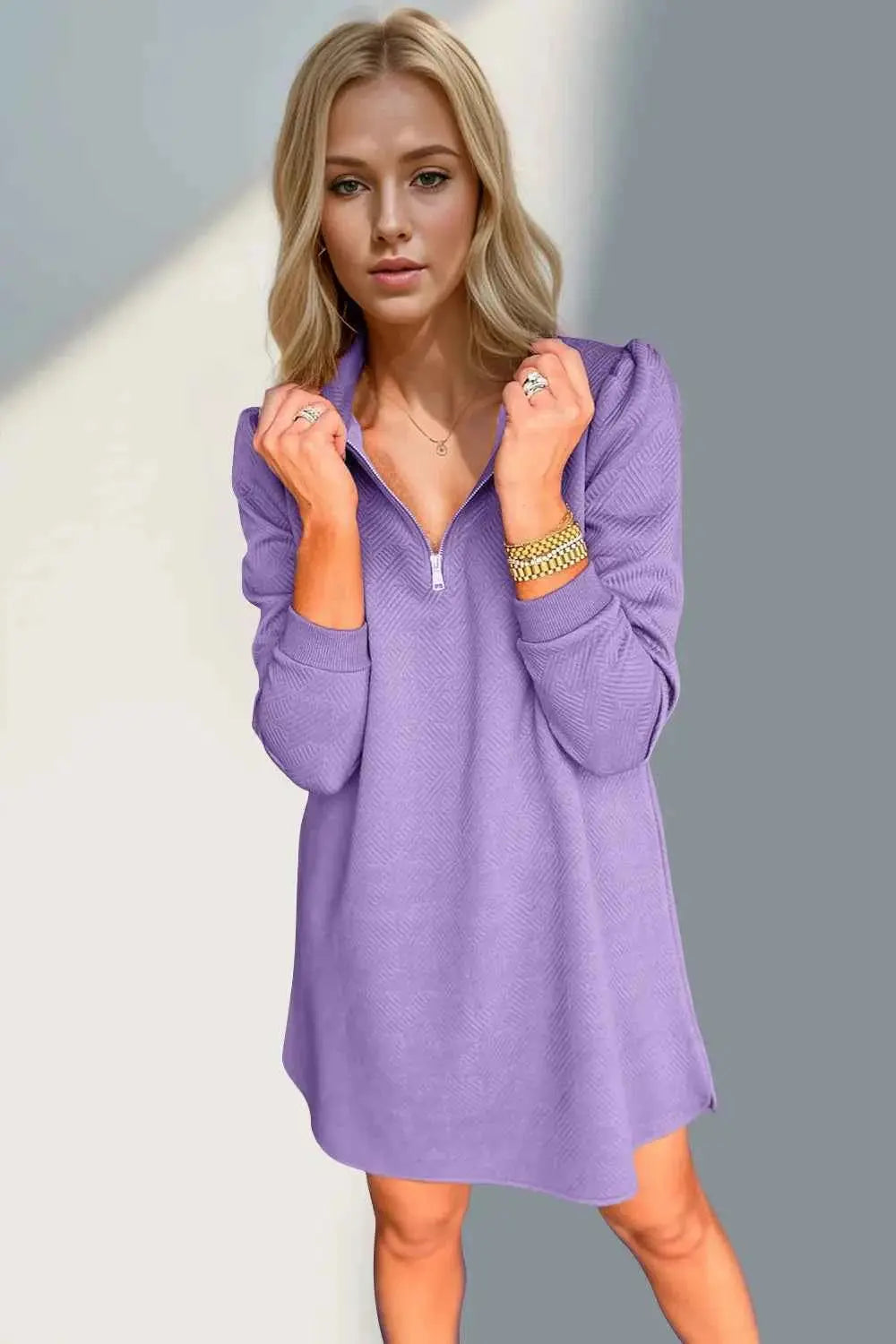 Double Take Textured Quarter Zip Long Sleeve Dress.