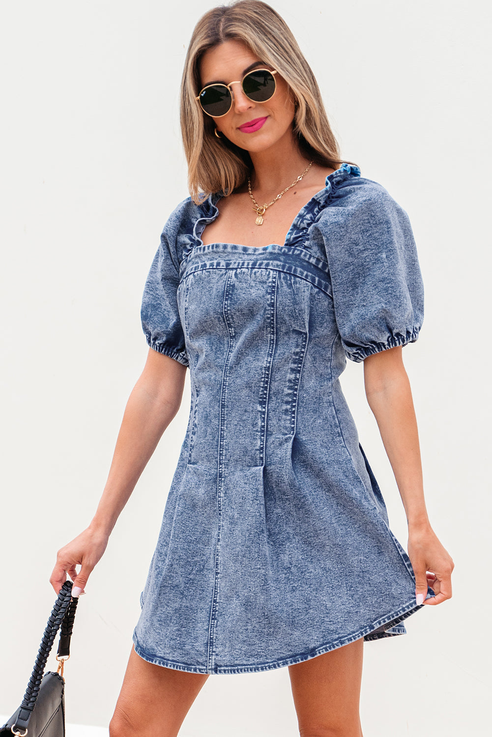 Blue Frilly Square Neck Bustier Puff Sleeve Short Denim Dress Dear-Lover Dropshipping
