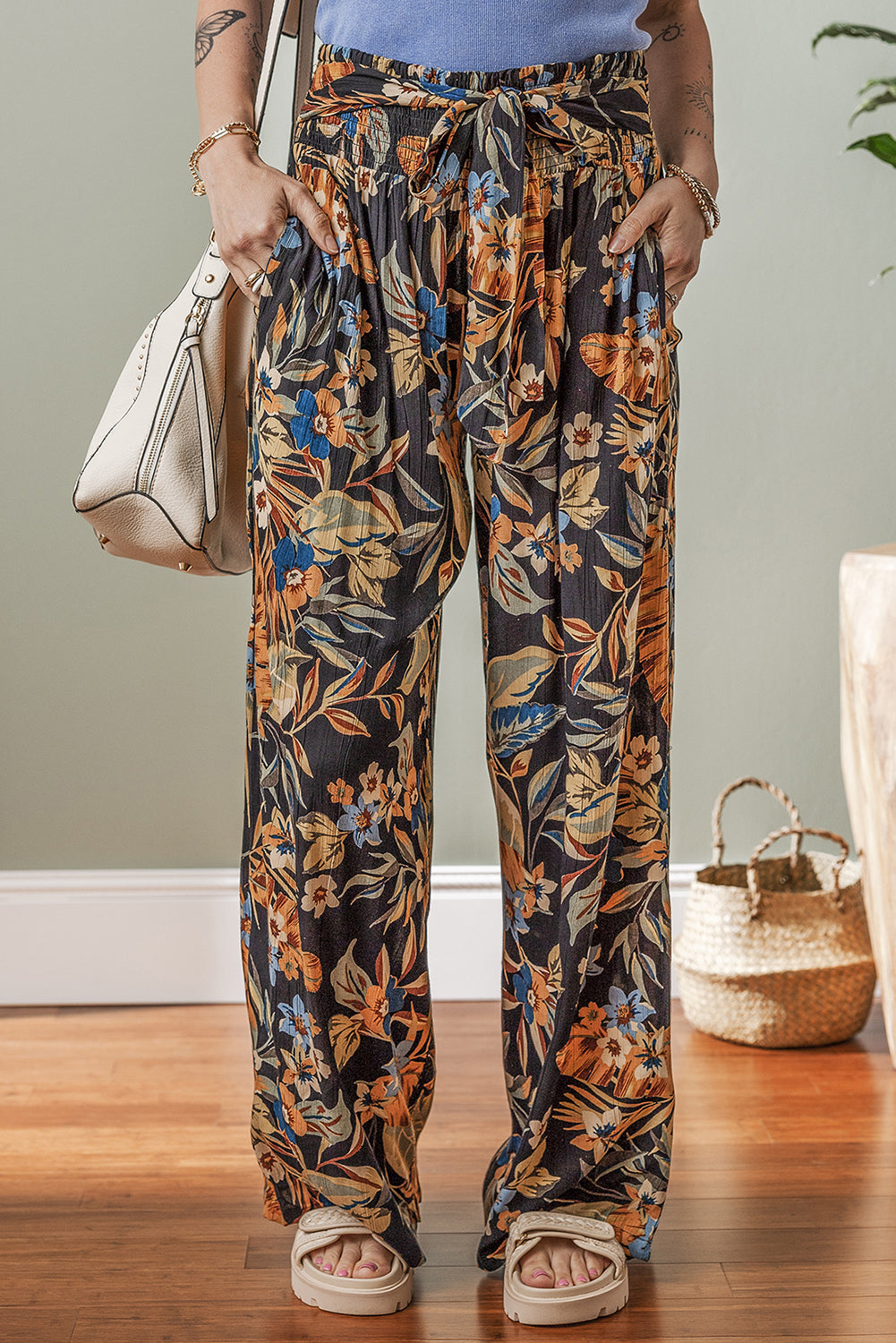 Multicolour Floral Shirred High Waist Wide Leg Pants with Tie Dear-Lover Dropshipping
