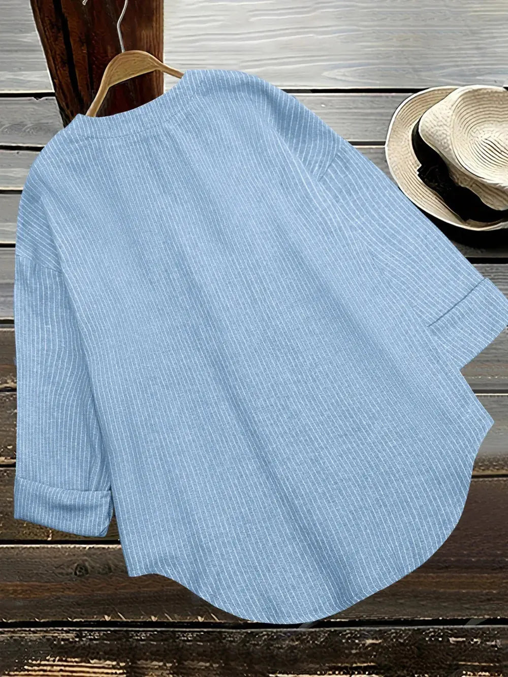 Striped Notched Long Sleeve Blouse.