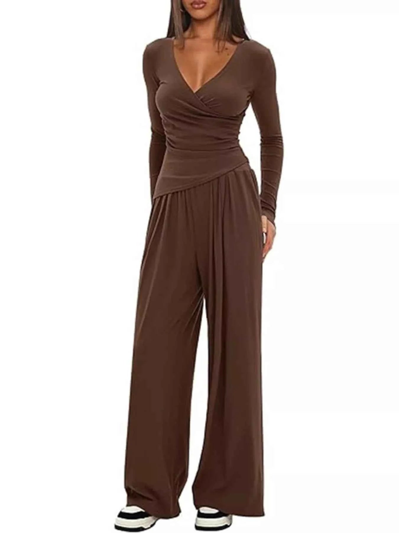 Casual Long Sleeve Top and Wide Leg Pants Set
