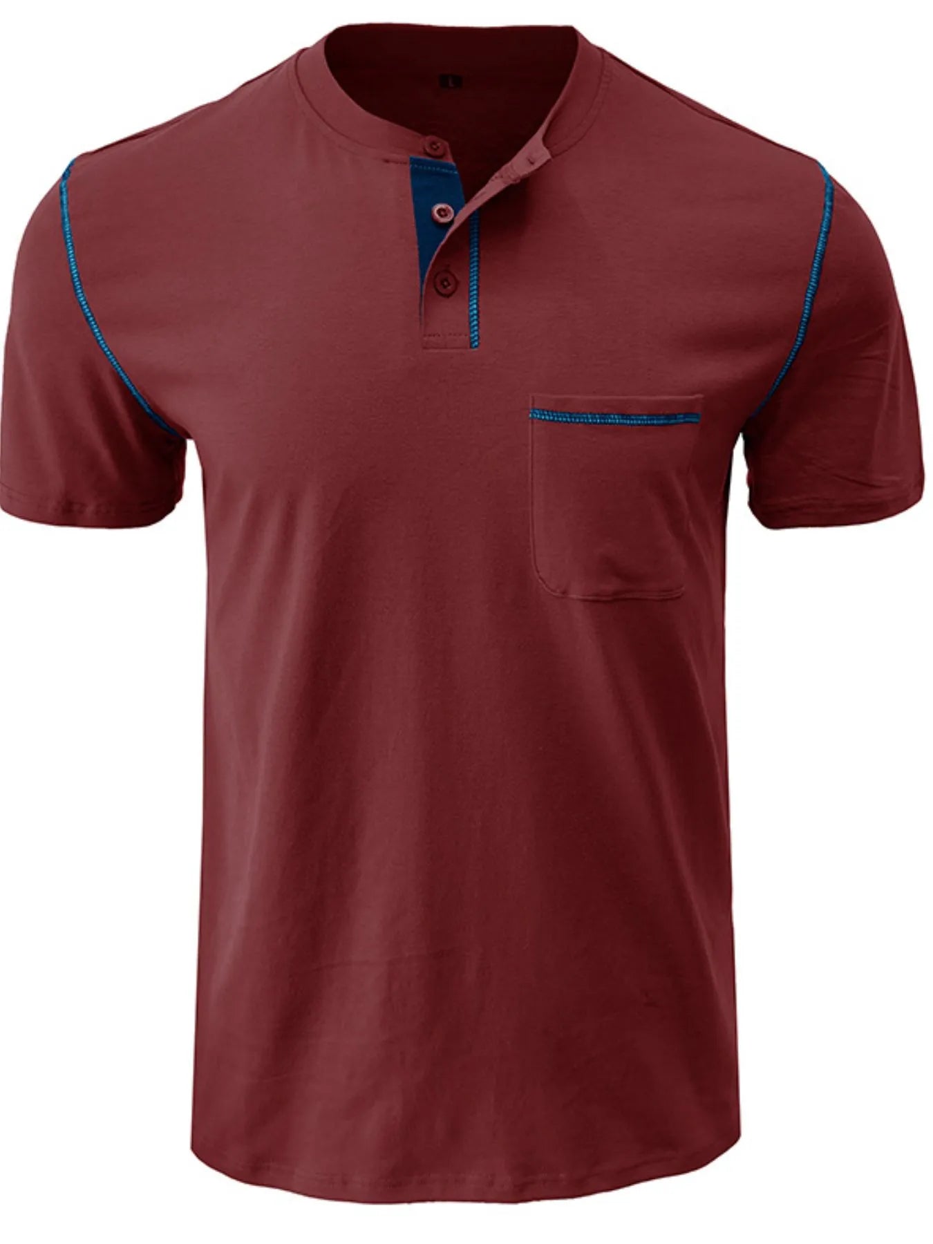 Men's Full Size Casual Henley T-Shirt with Contrast Stitching and Pocket Plus Size.