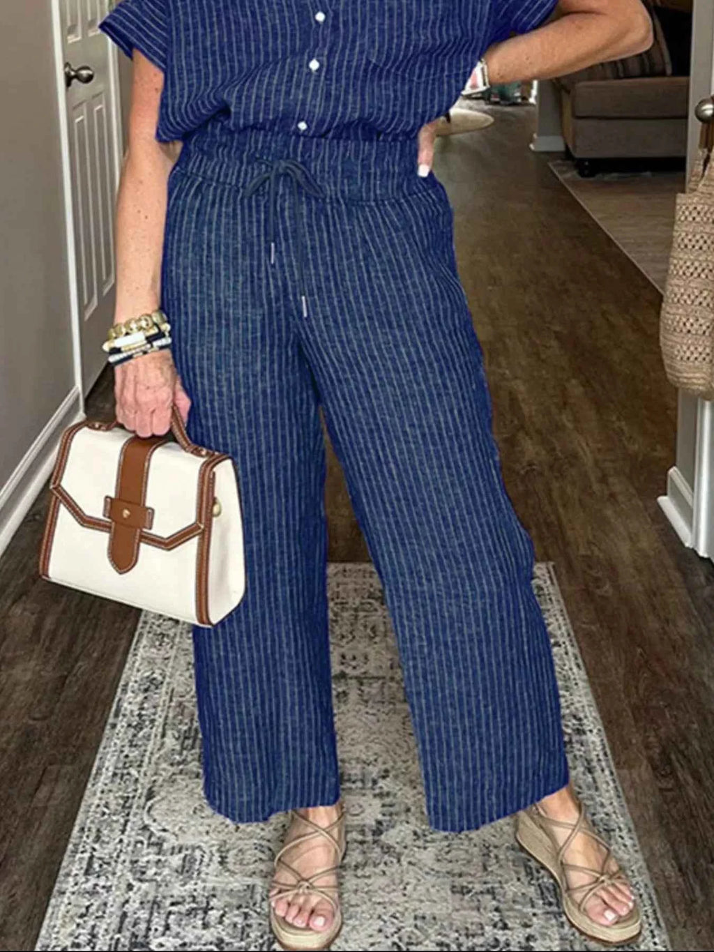 Full Size Striped Button-Up Shirt and Wide Leg Pants Casual Set Plus Size.
