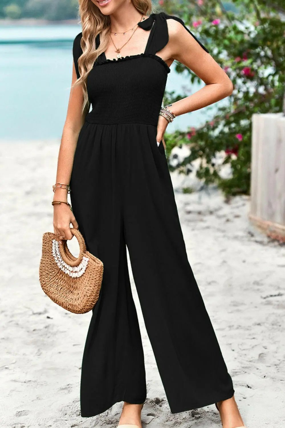 Devine Frill Trim Tie Shoulder Wide Leg Jumpsuit with Pockets.