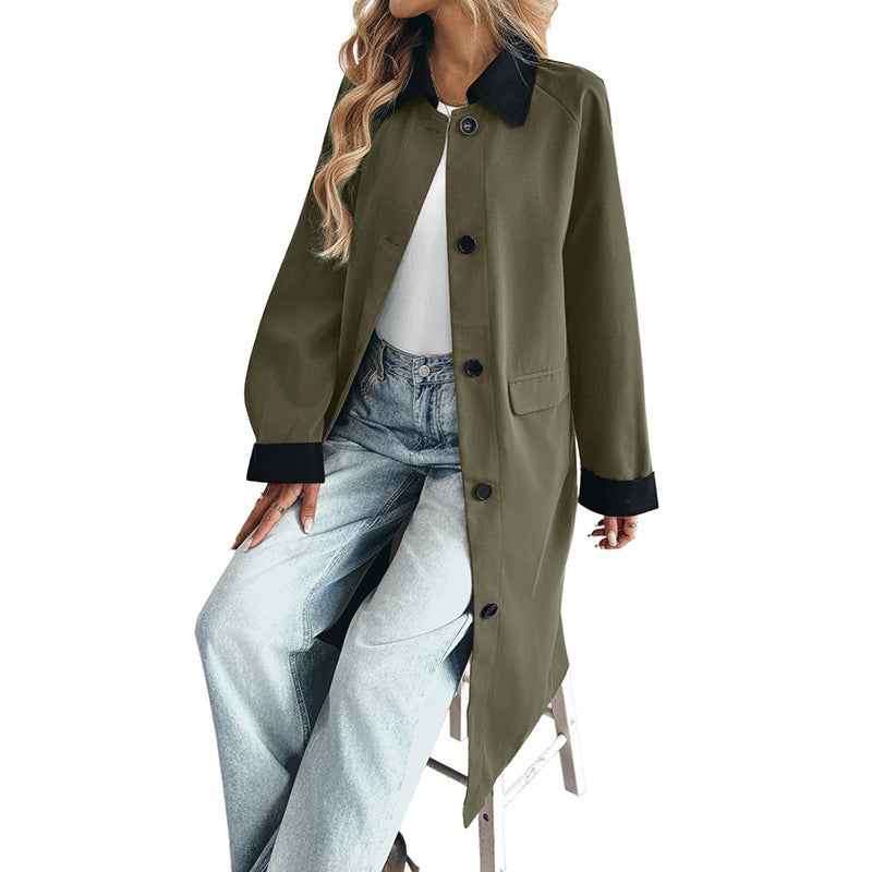 Long single breasted lapel color blocked trench coat for women
