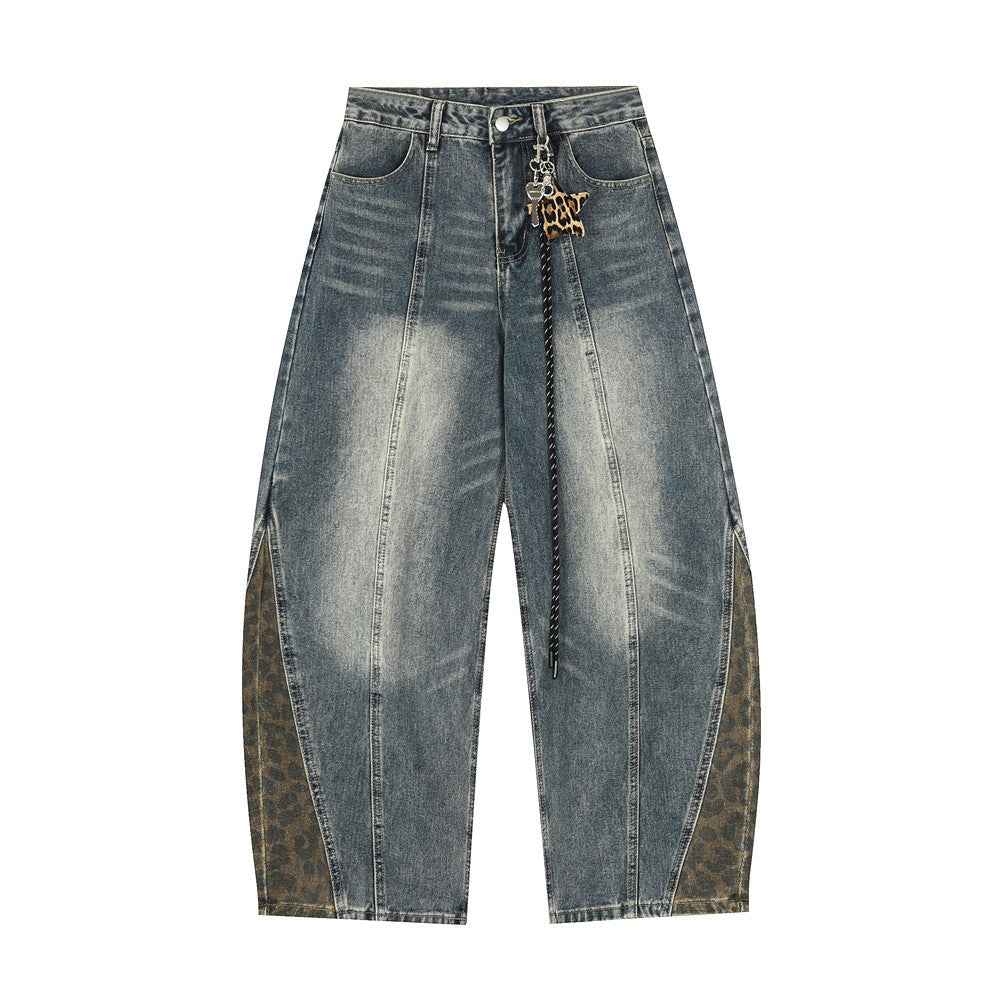 Leopard print patchwork washed curved knife jeans