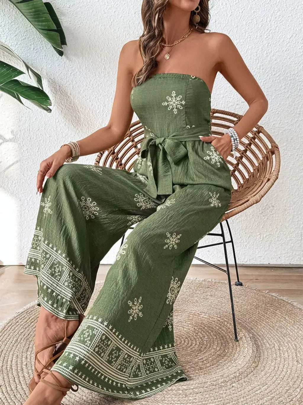 Printed Wide Leg Tube Jumpsuit.