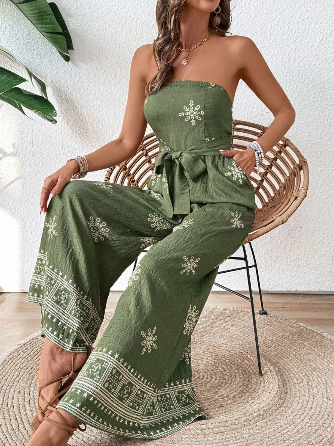 Printed Wide Leg Tube Jumpsuit - CHIC TB