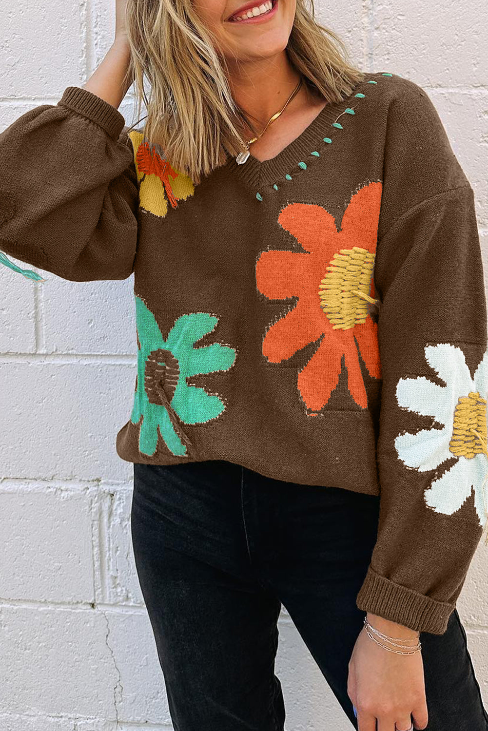 Coffee Big Flower Pattern V Neck Drop Shoulder Sweater Dear-Lover Dropshipping